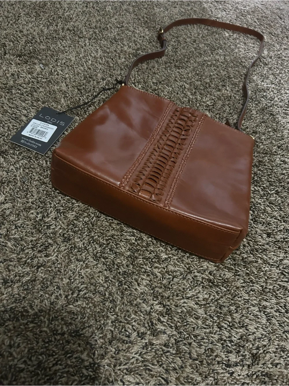 Lodis Cognac Brown Leather Woven-Trim Crossbody Bag